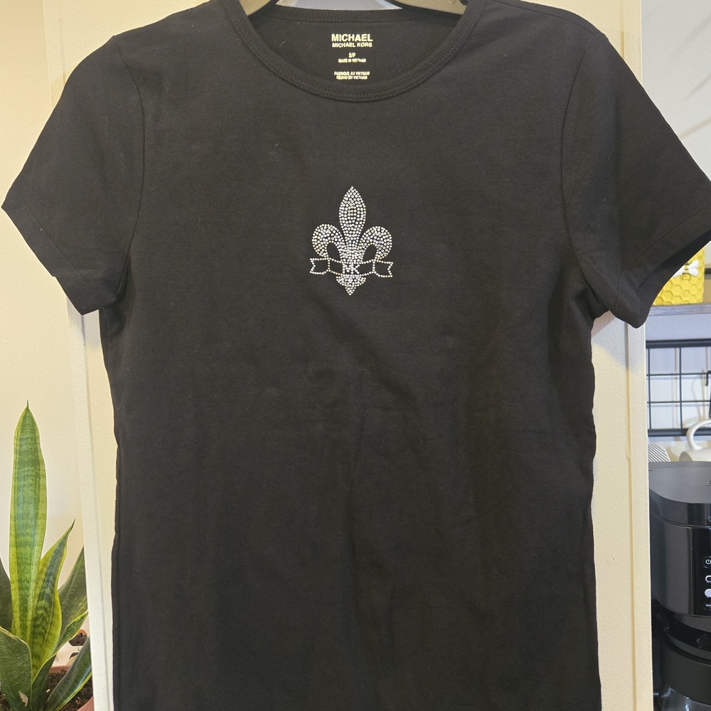 Michael Kors Black Tee with Silver Rhinestone Fleur